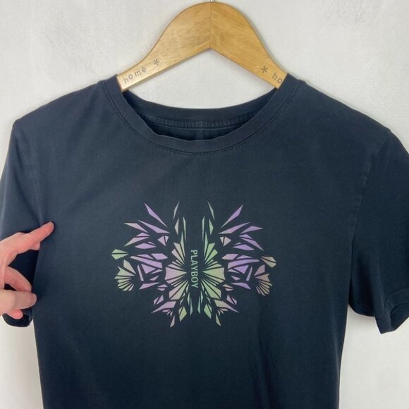 Playboy Black T-Shirt Short Sleeve Crew Neck Tee Graphic Size Small Top Floral - Picture 5 of 12